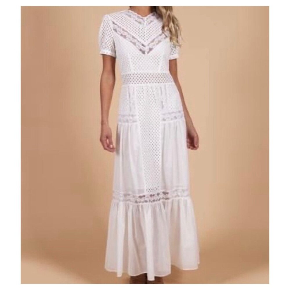Nightcap Clothing Luella Cottagecore Lace Inset Tiered Maxi Dress XS White